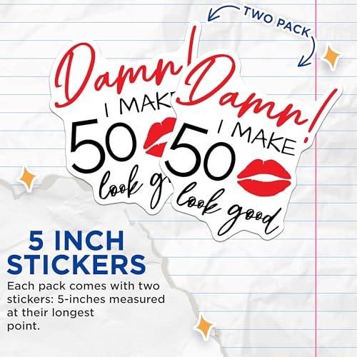 (2 Pack) Damn I Make 50 Look Good Stickers - Funny Milestone Birthday - Humorous Age Celebration Decal - 5" On Longest Side - Sticks to Smooth Flat Surfaces - Made in USA - BMCS5682