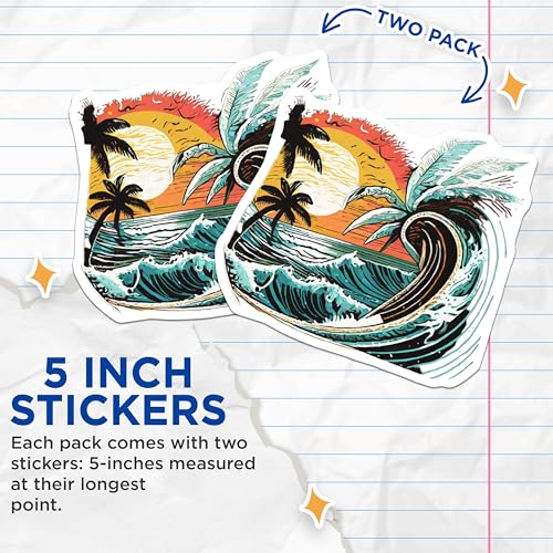 (2 Pack) Beach Ocean Sunset Stickers - Tropical Wave - Palm Trees Decal - 5" On Longest Side - Sticks to Smooth Flat Surfaces - Made in USA - BMCS9264