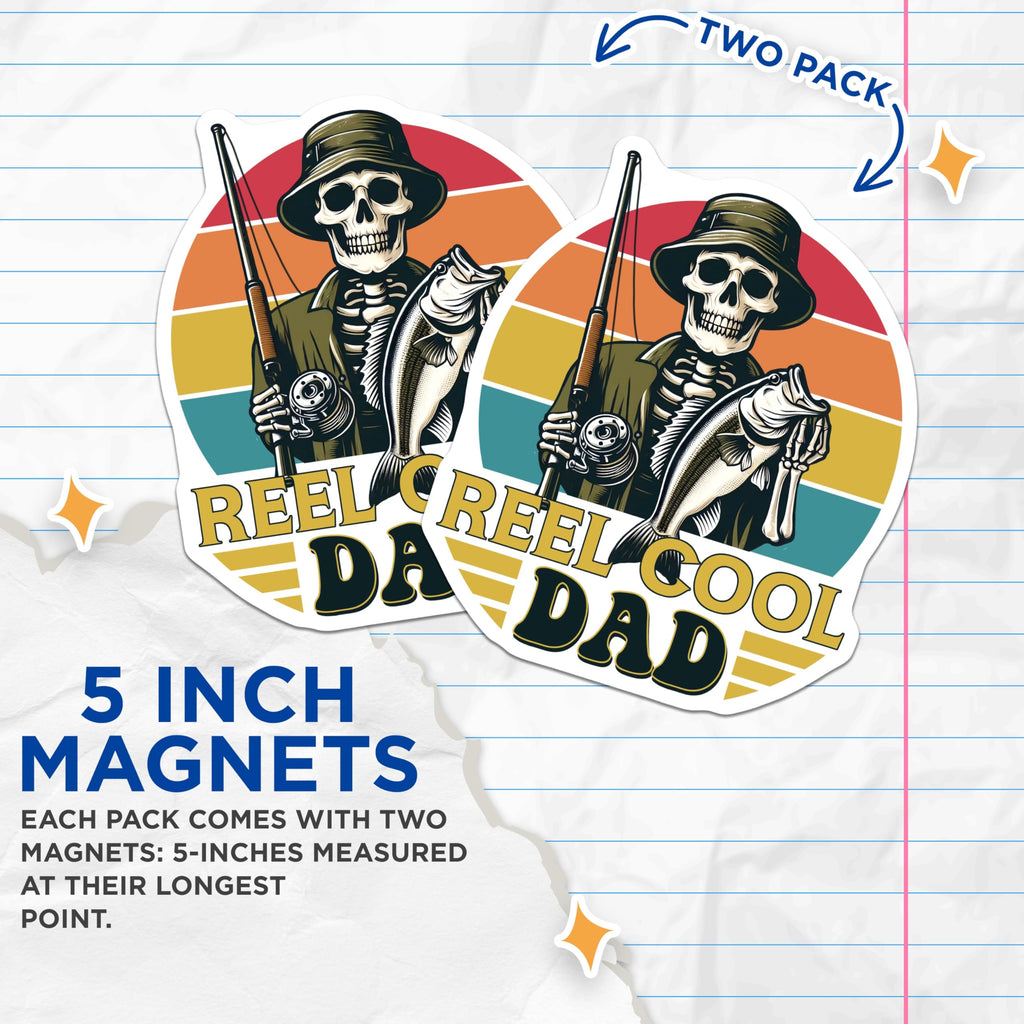 (2 Pack) Fishing Dad Magnets - Reel Cool Dad - Skeleton Fisherman Magnet for Dad - 5" On Longest Side - Premium Magnet - for Cars, Refrigerators, Toolboxes, Lockers - Made in USA - MAG18993