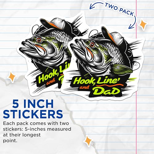 (2 Pack) Hook Line and Dad Stickers - Fishing Dad Stickers - Fisherman Decal Stickers - 5" On Longest Side - Sticks to Any Smooth Flat Surface - Made in USA - BMCS3489