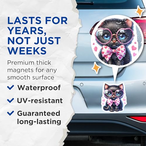 (2 Pack) Adorable Black Kitten with Glasses Magnet - Heart Bowtie Decor - Cat Lovers Gift - 5" On Longest Side - Sticks to Smooth Flat Surfaces - Made in USA - MAG9430