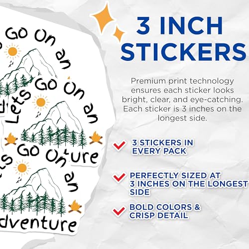 (3 Pack) Adventure Decals - Outdoor Stickers - Camping Laptop Decal - 3 Inches On Longest Side - Easy Peel & Apply - Made in USA - 3MCS4412