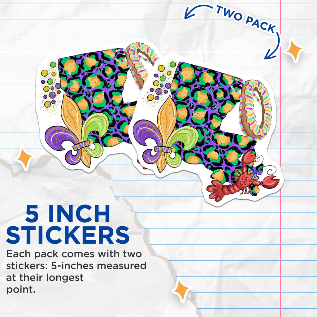 (2 Pack) Mardi Gras Louisiana Stickers - Leopard Print Louisiana Travel - New Orleans Festival Celebration - 5" On Longest Side - Sticks to Smooth Flat Surfaces - Made in USA - BMCS4128