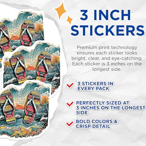 (3 Pack) Flip Flop Decals - Beach Theme Art - Summer Vibes Sticker - 3 Inches On Longest Side - Easy Peel & Apply - Made in USA - 3MCS8081