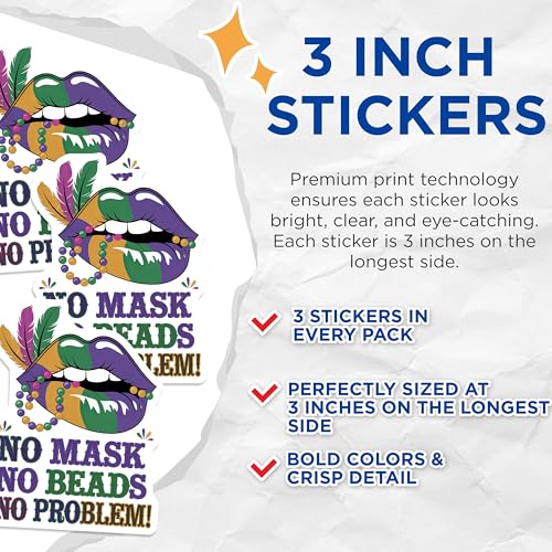(3 Pack) Mardi Gras Lips Decals - No Mask No Beads Decals - Funny Carnival Decal - 3 Inches On Longest Side - Easy Peel & Apply - Made in USA - 3MCS2409