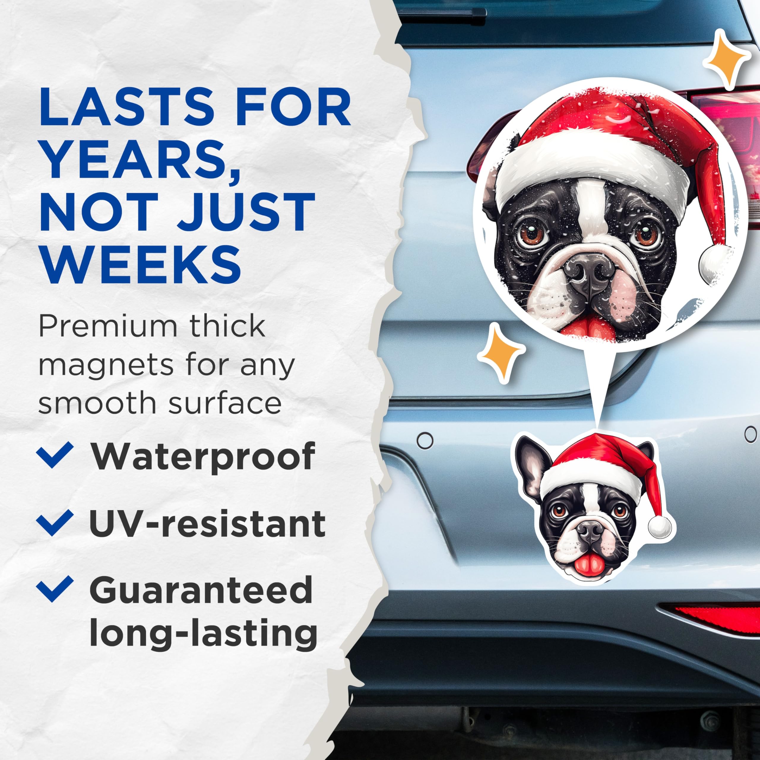 (2 Pack) Christmas French Bulldog Magnets - Boston Terrier Santa Dog Decor - Festive Pet Lover Stocking Stuffer - 5 Inches On Longest Side - Thick Durable Magnet - Made in USA - MAG25570