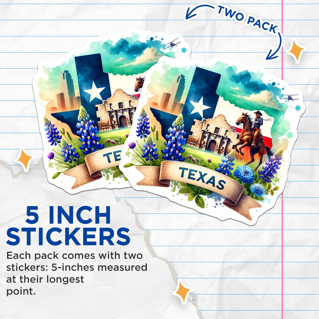 (2 Pack) Texas Stickers - State Pride - Travel Souvenirs - Texas Icons - Bluebonnet Design - Texan Landscapes - 5" On Longest Side - Sticks to Smooth Flat Surfaces - Made in USA - BMCS6714
