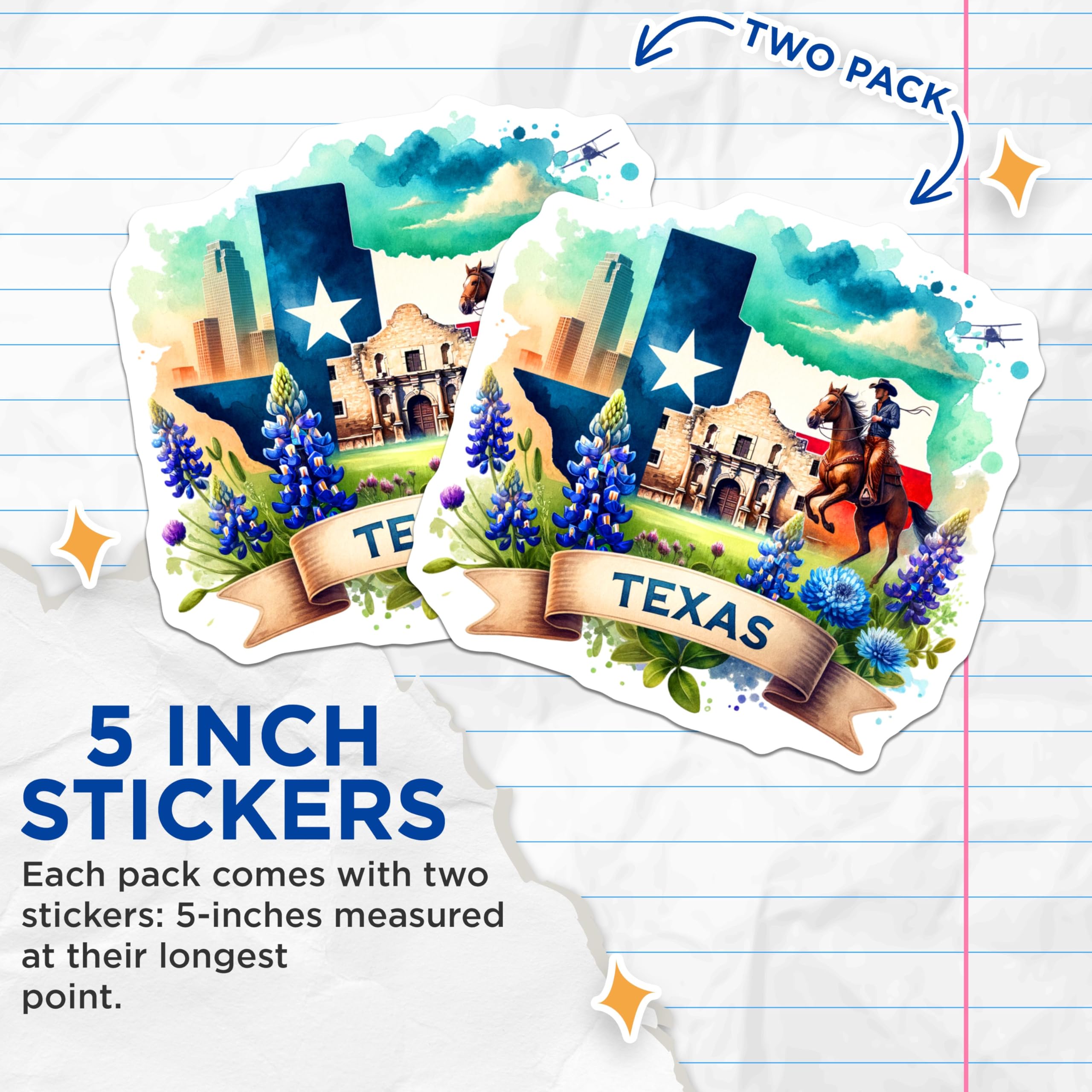 (2 Pack) Texas Stickers - State Pride - Travel Souvenirs - Texas Icons - Bluebonnet Design - Texan Landscapes - 5" On Longest Side - Sticks to Smooth Flat Surfaces - Made in USA - BMCS6714