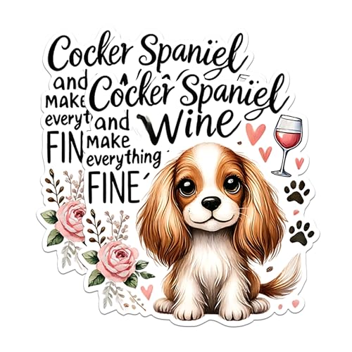 (2 Packs) Cocker Spaniel and Wine Make Everything Fine Stickers - Cocker Spaniel Dog Breed Decals - 5" Longest Side - Premium Vinyl Decal - Sticks to Any Smooth Flat Surface - Made in USA - BMCS2377