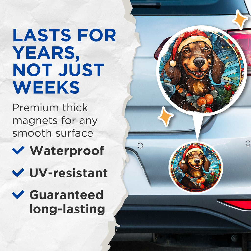 (2 Pack) Christmas Dachshund Magnets - Stained Glass Dog Art - Holiday Pet Owner Decor - 5 Inches On Longest Side - Thick Durable Magnet - Made in USA - MAG26069