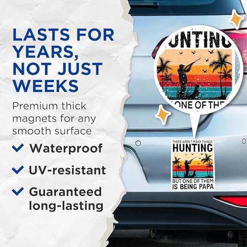(2 Pack) Hunting Papa Magnets - Funny Hunting Dad - Retro Sun Hunting Scene - 5" On Longest Side - for Cars, Fridges, Toolboxes - Made in USA - MAG4088