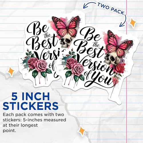 (2 Pack) Be The Best Version of You Stickers - Inspirational Skull Stickers - Motivational Rose Stickers with Butterfly - 5" On Longest Side - Sticks to Smooth Flat Surfaces - Made in USA - BMCS4826
