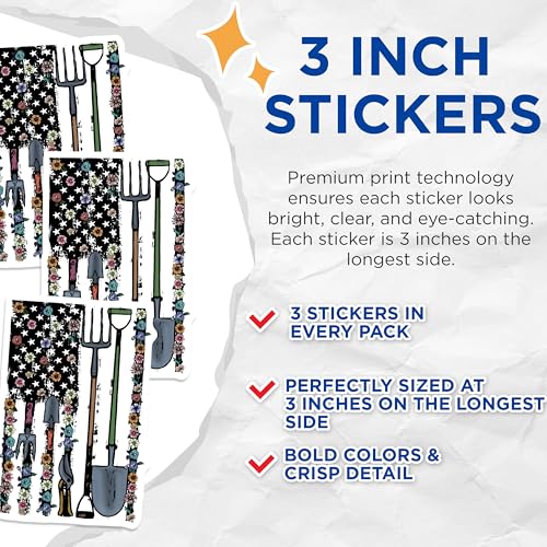 (3 Pack) Gardening Decals - American Flag - Floral Garden Tools - 3 Inches On Longest Side - Easy Peel & Apply - Made in USA - 3MCS2955