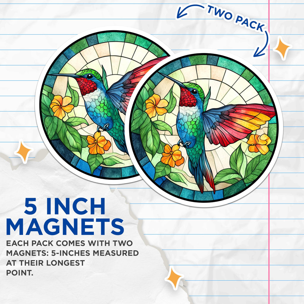 (2 Pack) Stained Glass Hummingbird Magnets - Nature Bird Art - Colorful Fridge Decor Accents - 5 Inches On Longest Side - Thick Durable Magnet - Made in USA - MAG23262
