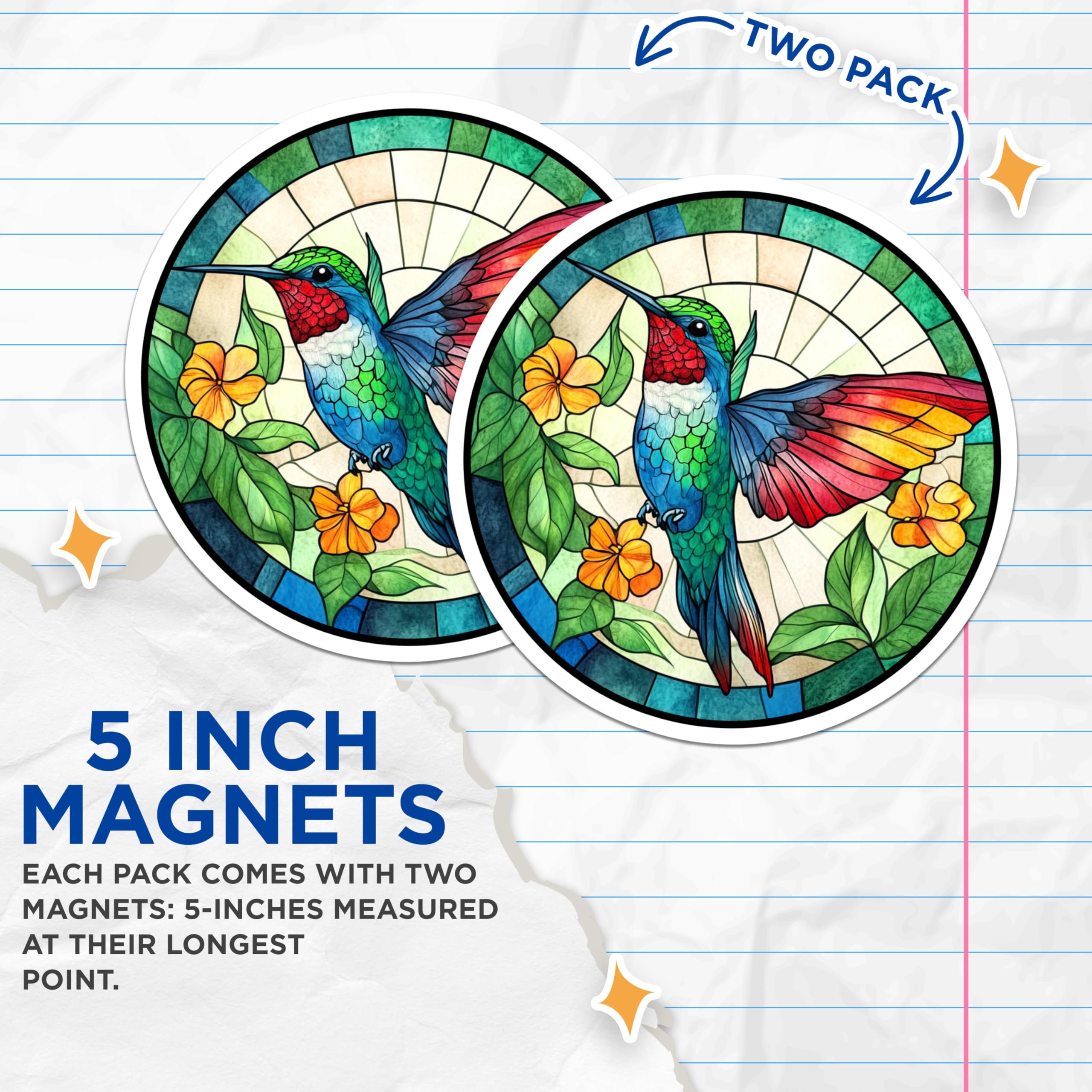 (2 Pack) Stained Glass Hummingbird Magnets - Nature Bird Art - Colorful Fridge Decor Accents - 5 Inches On Longest Side - Thick Durable Magnet - Made in USA - MAG23262