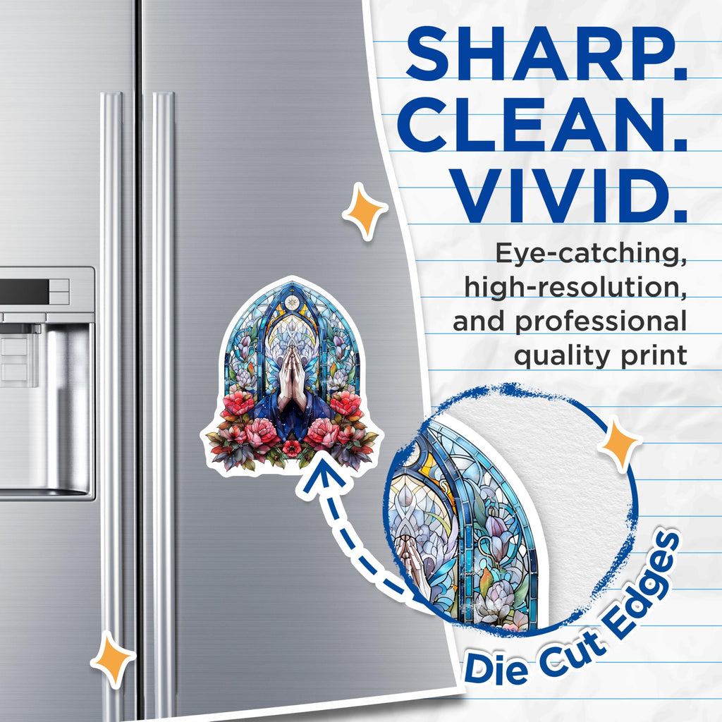 (2 Pack) Stained Glass Magnets - Spiritual Hands Art - Chapel Window Inspired Floral Design - Religious Devotion Decor - 5 Inches On Longest Side - Thick Durable Magnet - Made in USA - MAG23952