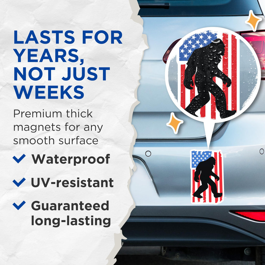 (2 Pack) Patriotic Bigfoot Sasquatch Magnets - Distressed American Flag Design - Cryptid Hunter Refrigerator Display - 5 Inches On Longest Side - Thick Durable Magnet - Made in USA - MAG21187