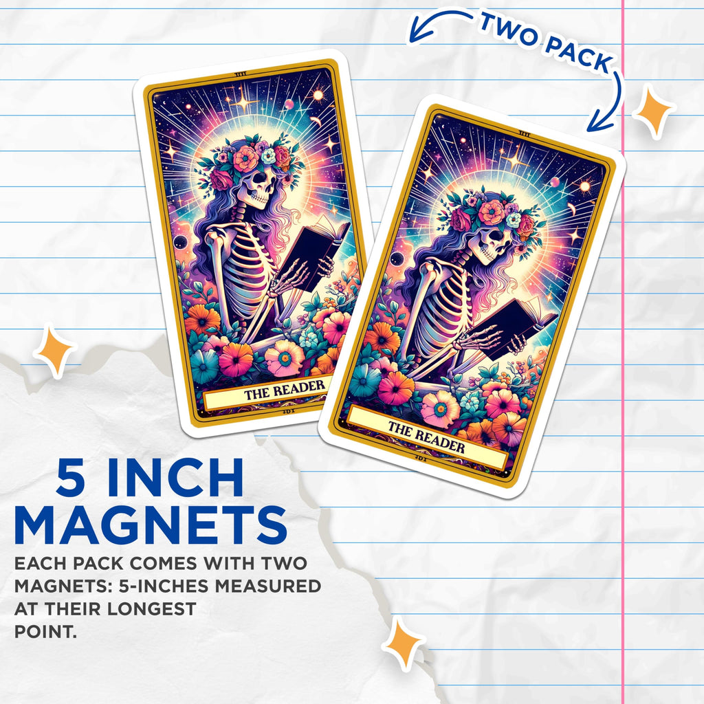 (2 Pack) Skeleton Reading Book Magnets - Cosmic Tarot Card Aesthetic Art - Floral Skull Librarian Mystical Decor - 5 Inches On Longest Side - Thick Durable Magnet - Made in USA - MAG26583