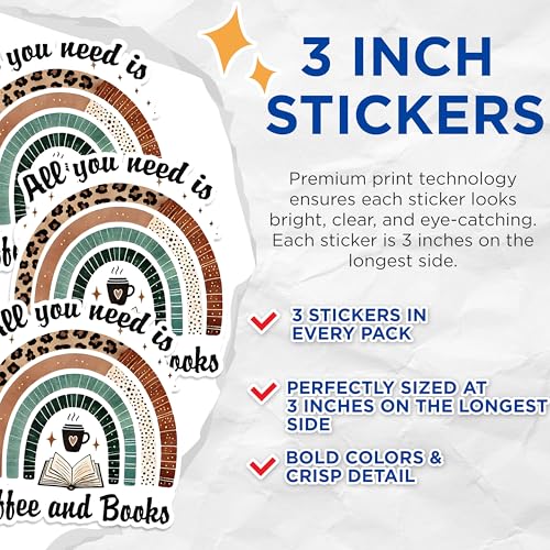 (3 Pack) Coffee and Books Decals - Reader Sticker - Book Lover Decal - 3 Inches On Longest Side - Easy Peel & Apply - Made in USA - 3MCS1577