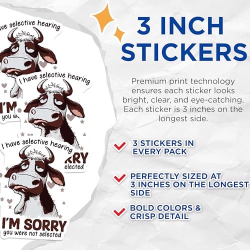 (3 Pack) Selective Hearing Decals - Funny Cow Decal - Sarcastic Laptop Decals - 3 Inches On Longest Side - Easy Peel & Apply - Made in USA - 3MCS4776