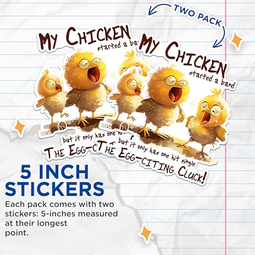 (2 Pack) Funny Chicken Band Stickers - Humorous Chicken Music Stickers - Egg Themed Sticker - 5" On Longest Side - Sticks to Any Smooth Flat Surface - Made in USA - BMCS2608