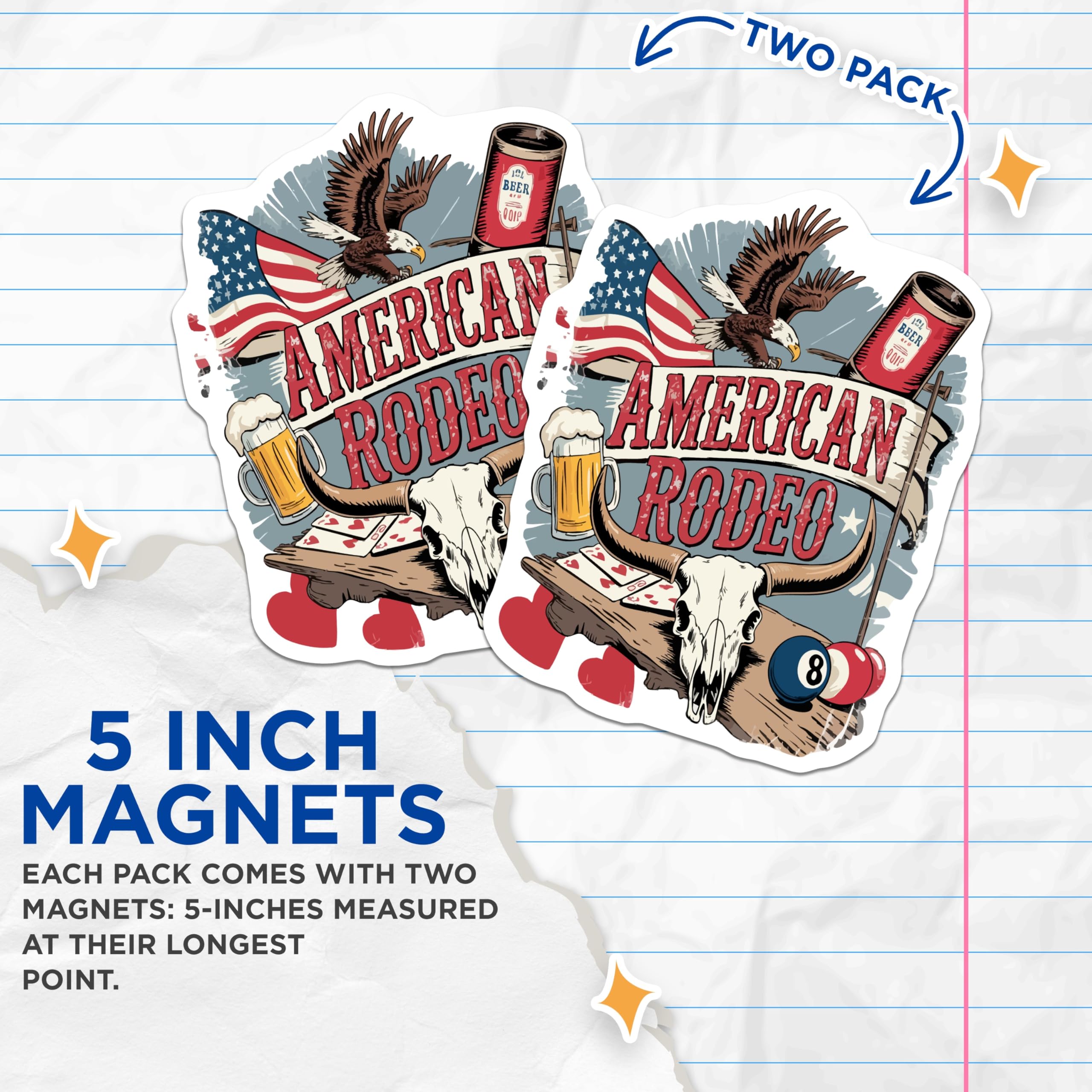 (2 Pack) American Rodeo Magnets - Western Theme Decor - Cowboy Culture Art - Bald Eagle Longhorn Skull - US Flag Beer Cards - 5 Inches On Longest Side - Thick Durable Magnet - Made in USA - MAG22887