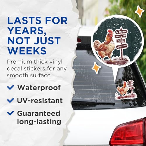 (2 Pack) Funny Chicken Crossing Road Stickers - Humorous Poultry in Motion Stickers - Animal Lover's Sticker - 5" On Longest Side - Sticks to Any Smooth Flat Surface - Made in USA - BMCS2604