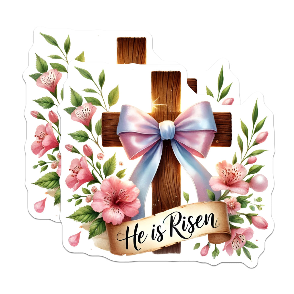 (2 Pack) He is Risen Stickers - Christian Faith - Easter Inspirational - Cross with Flowers - 5" On Longest Side - Sticks to Smooth Flat Surfaces - Made in USA - BMCS6063