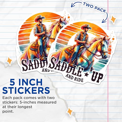 (2 Pack) Saddle Up and Ride Stickers - Cowboy Stickers - Western Style Decals - 5" On Longest Side - Sticks to Smooth Flat Surfaces - Made in USA - BMCS6893