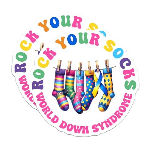 (2 Pack) Rock Your Socks Stickers - World Down Syndrome Awareness - Colorful Sock Design - 5" On Longest Side - Sticks to Smooth Flat Surfaces - Made in USA - BMCS8196