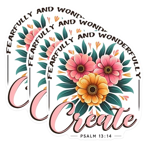 (3 Pack) Fearfully and Wonderfully Decals - Psalm 13 14 - Floral Decals - 3 Inches On Longest Side - Easy Peel & Apply - Made in USA - 3MCS1621