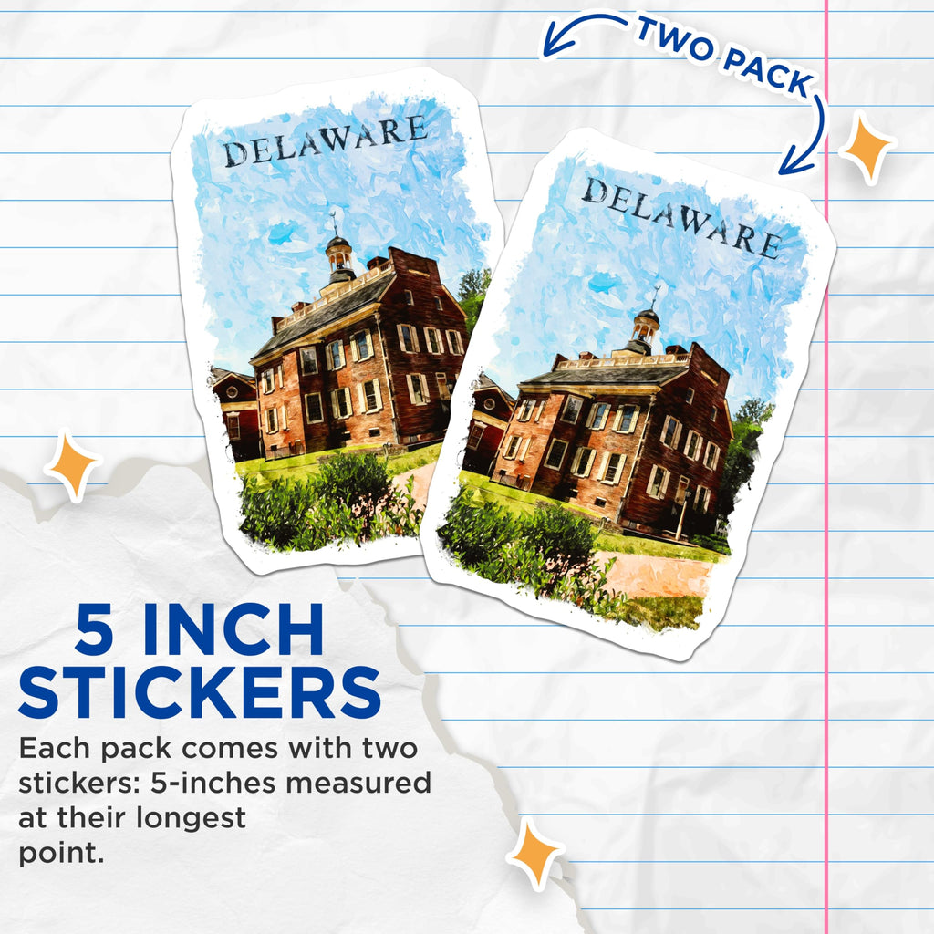 (2 Pack) Delaware State Stickers - Old State House - Travel Souvenir Decals - 5" On Longest Side - Sticks to Smooth Flat Surfaces - Made in USA - BMCS17840