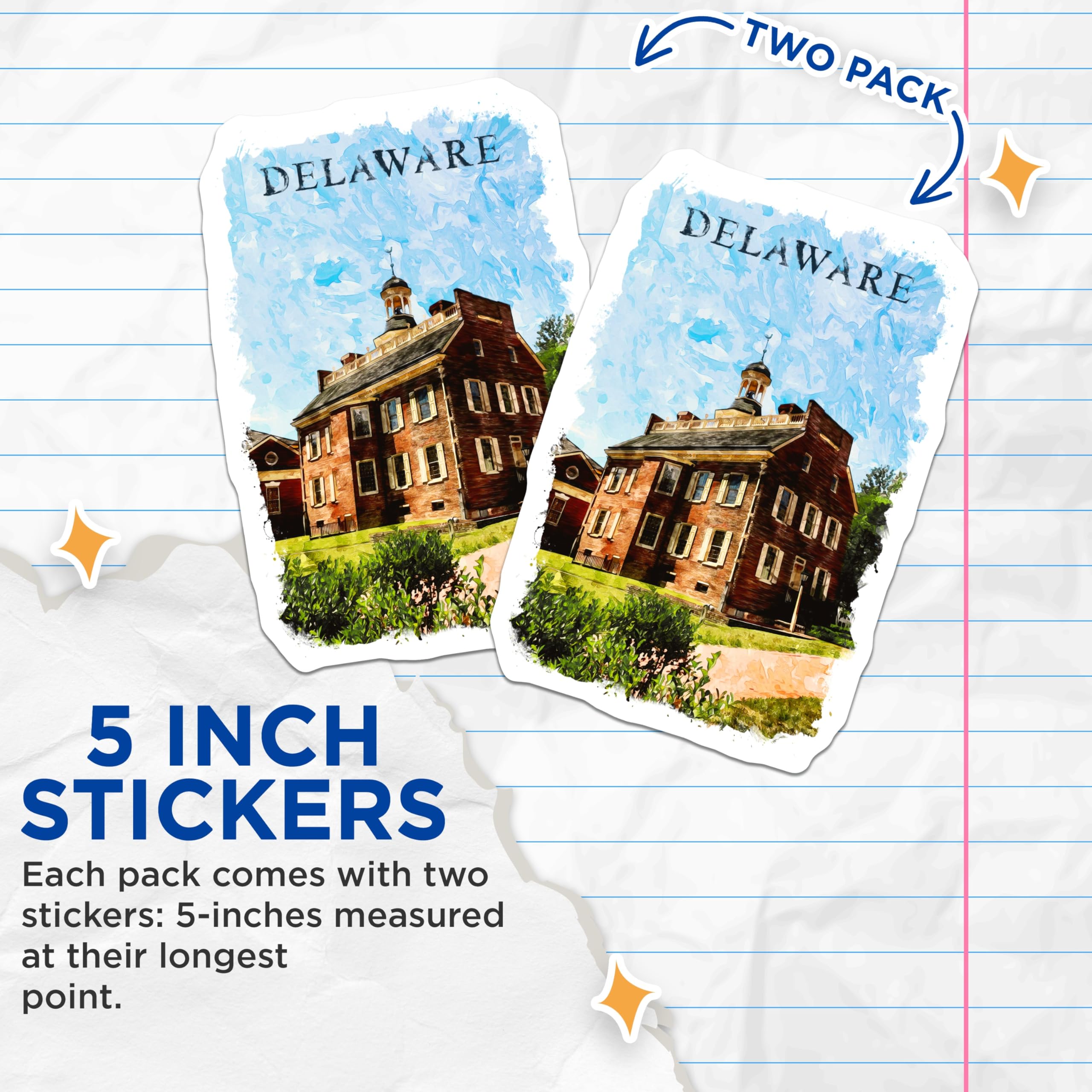 (2 Pack) Delaware State Stickers - Old State House - Travel Souvenir Decals - 5" On Longest Side - Sticks to Smooth Flat Surfaces - Made in USA - BMCS17840
