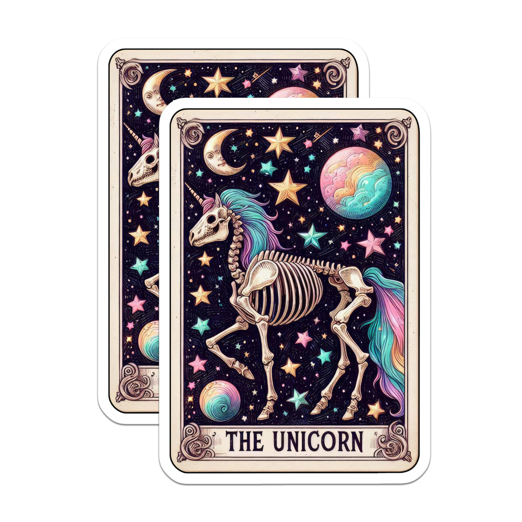 (2 Pack) Unicorn Skeleton Stickers - Tarot Card Art - Cosmic Stars Moon Magic - 5" On Longest Side - Sticks to Smooth Flat Surfaces - Made in USA - BMCS20584