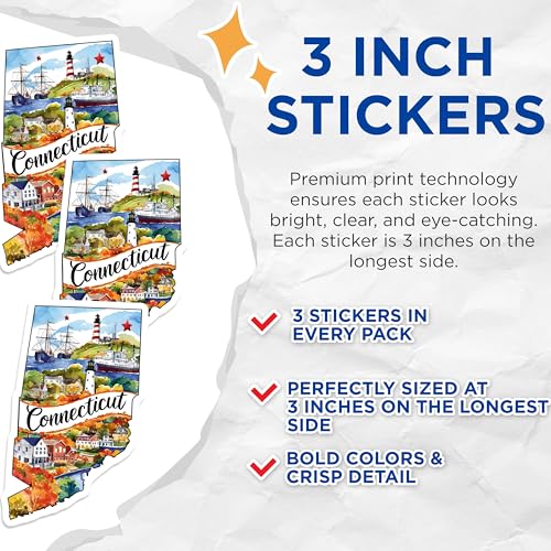 (3 Pack) Connecticut Decals - Travel CT Art - State Pride Laptop Decal- 3 Inches On Longest Side - Easy Peel & Apply - Made in USA - 3MCS5047