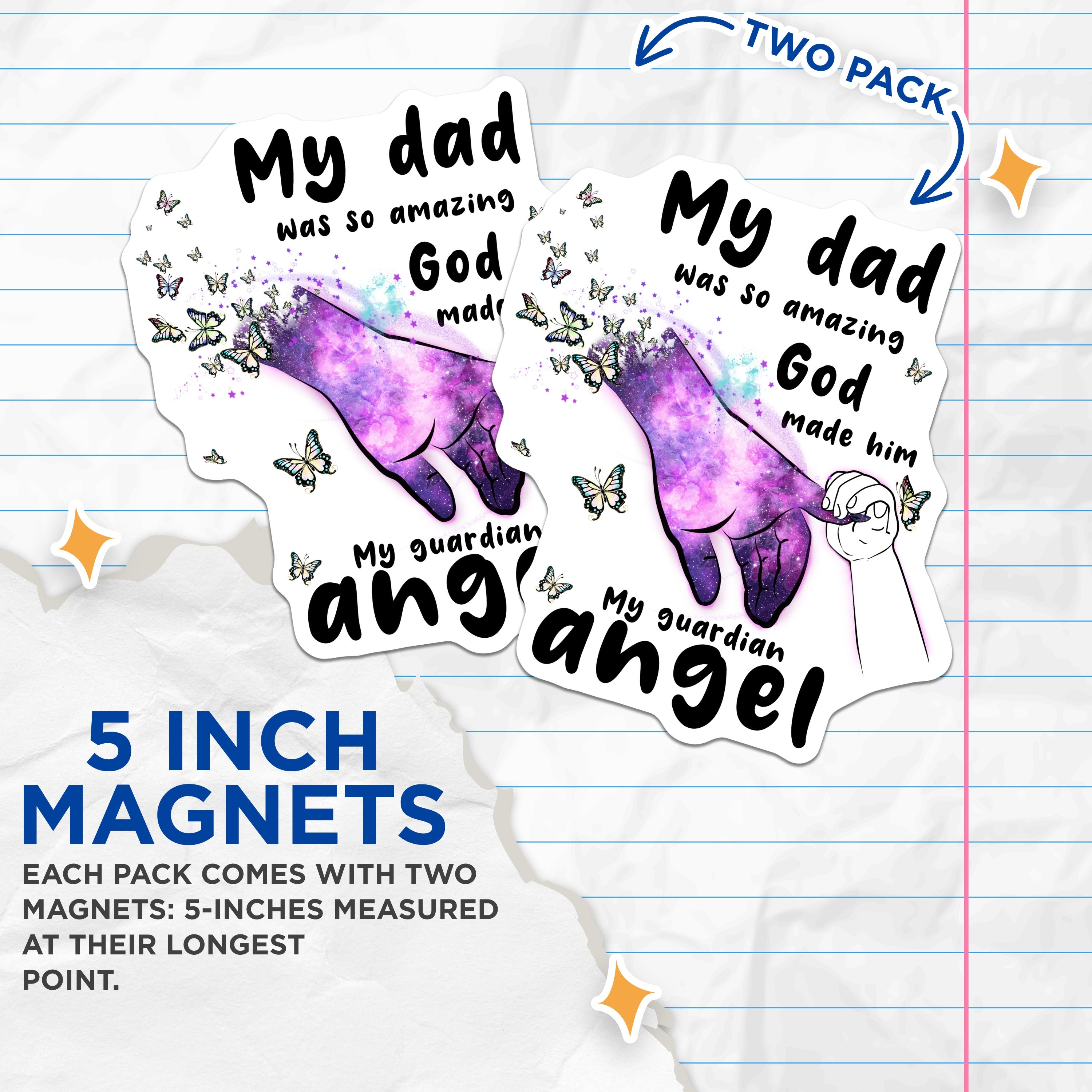 (2 Pack) Dad Guardian Angel Magnets - Father Memorial Tribute - Celestial Remembrance - in Loving Memory - 5 Inches On Longest Side - Thick Durable Magnet - Made in USA - MAG39405
