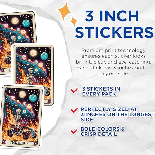 (3 Pack) The Rider Tarot Decals - Skeleton Driving Car - Burning Car Illustration - 3 Inches On Longest Side - Easy Peel & Apply - Made in USA - 3MCS4255