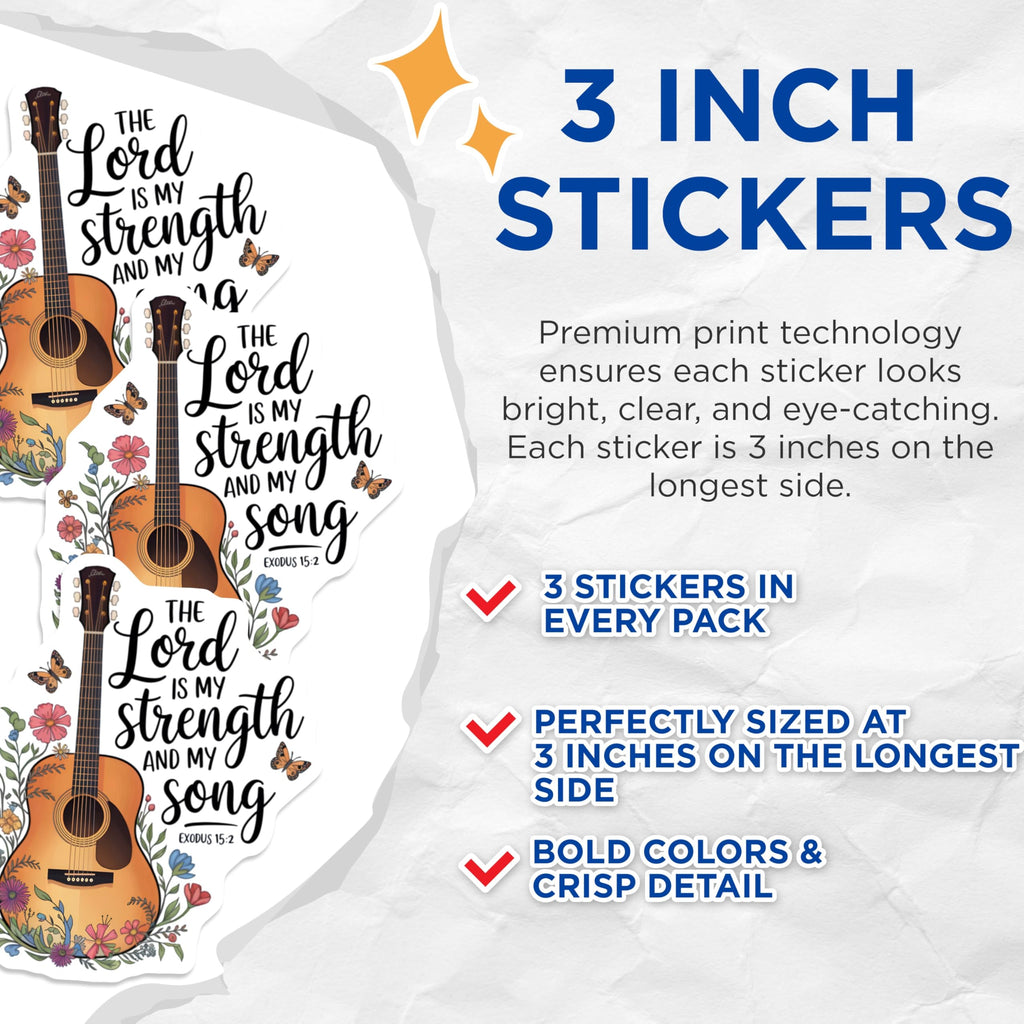 (3 Pack) Guitar Scripture Decals - Christian Laptop Decal - Exodus 15 2 Verse- 3 Inches On Longest Side - Easy Peel & Apply - Made in USA - 3MCS5356