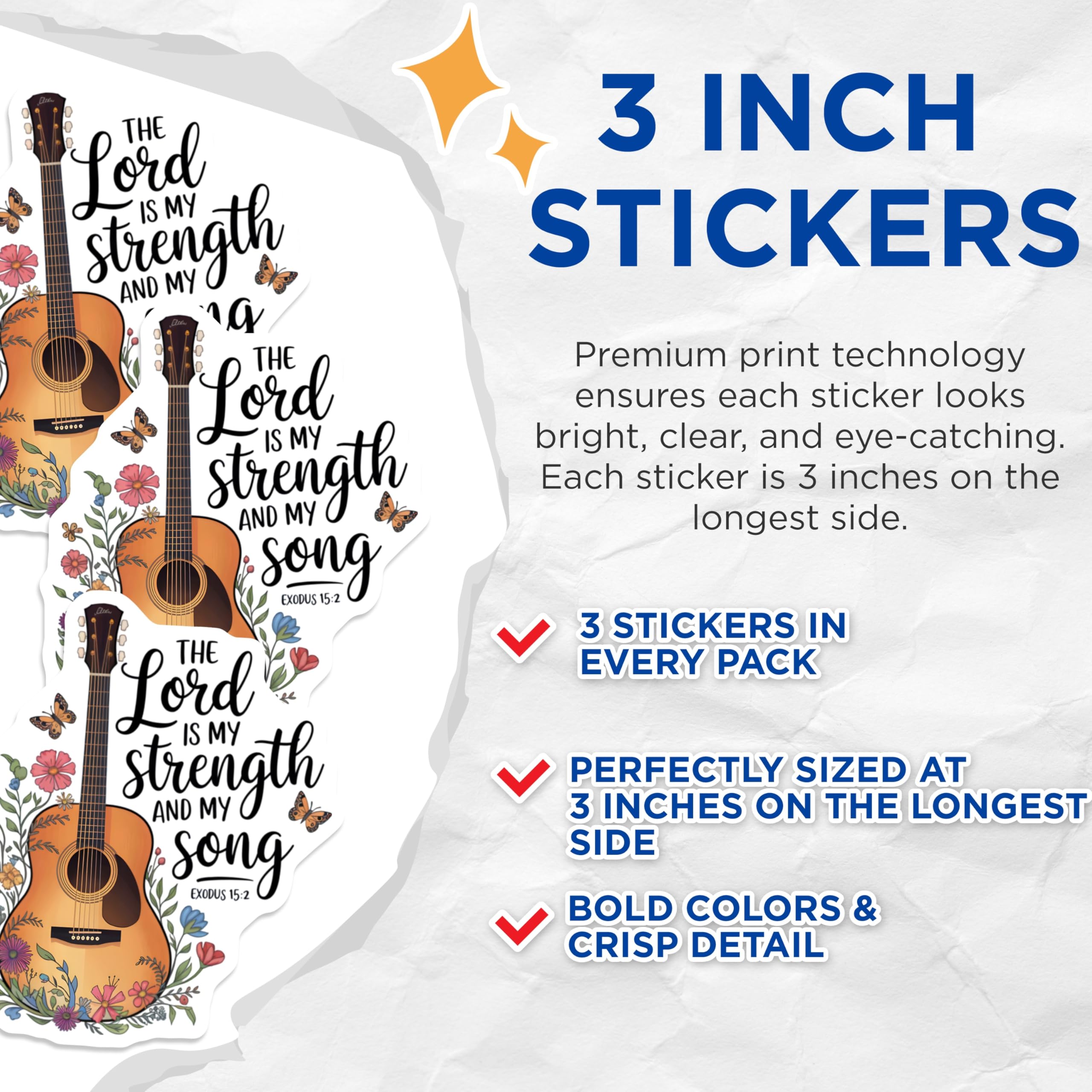 (3 Pack) Guitar Scripture Decals - Christian Laptop Decal - Exodus 15 2 Verse- 3 Inches On Longest Side - Easy Peel & Apply - Made in USA - 3MCS5356