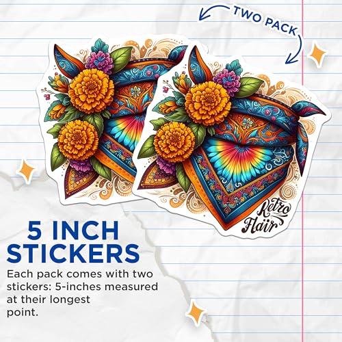 (2 Pack) Retro Bandana Stickers - Floral Art - Colorful Vintage Design - 5" On Longest Side - Sticks to Smooth Flat Surfaces - Made in USA - BMCS8848