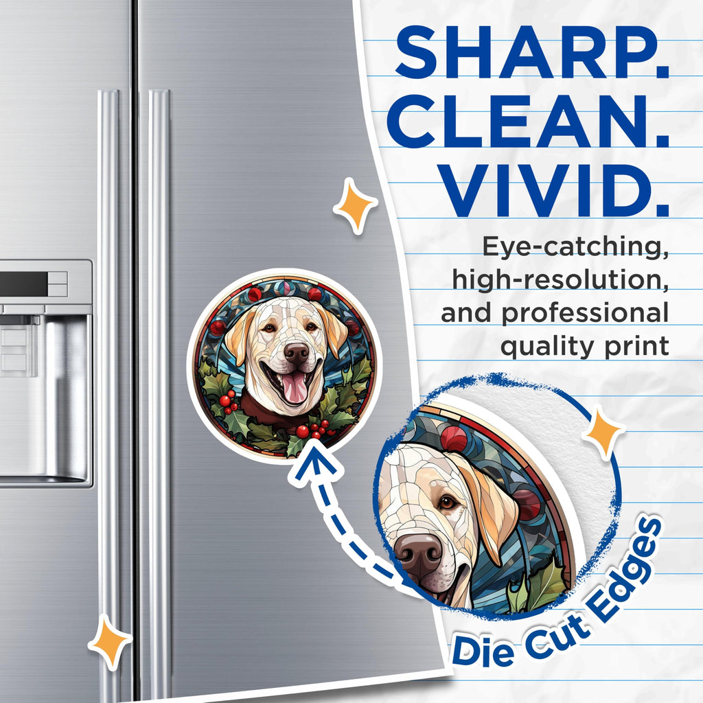 (2 Pack) Yellow Labrador Magnets - Stained Glass Dog Portrait - Merry Christmas Holiday Decor Pet Owners - 5 Inches On Longest Side - Thick Durable Magnet - Made in USA - MAG28208