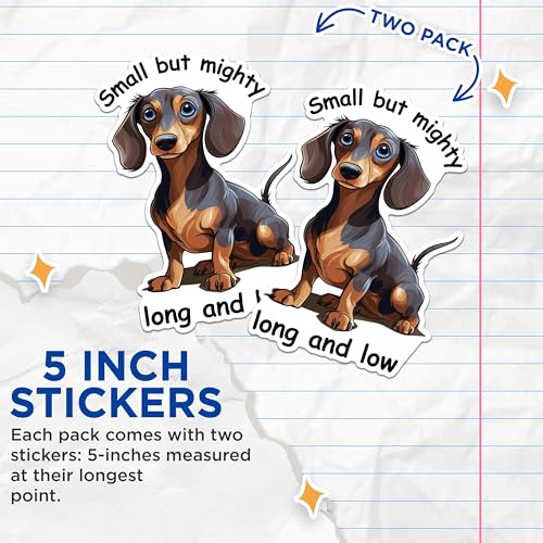 (2 Packs) Small But Mighty Long and Low Stickers - Dachshund Breed Decals - 5 Inches On Longest Side - Premium Vinyl Decal - Sticks to Any Smooth Flat Surface - Made in USA - BMCS2338