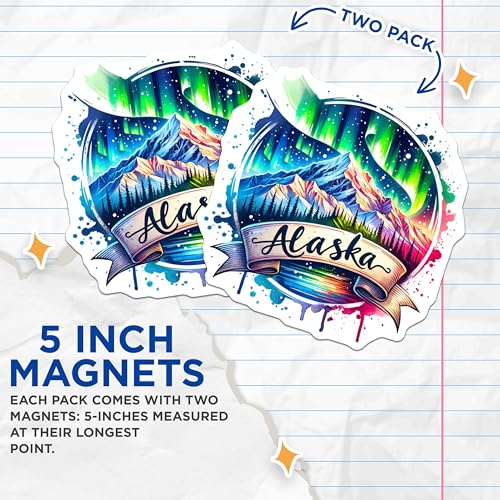 (2 Pack) Alaska Landscape Magnets - Northern Lights Scenery - Vibrant Nature Art Magnets - 5" On Longest Side - for Cars, Fridges, Toolboxes - Made in USA - MAG7269