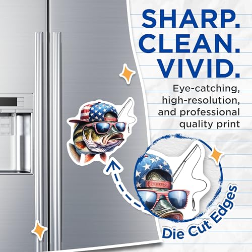 (2 Pack) Funny Fishing Bass Magnets Magnets - Patriotic Hat - Fish with Sunglasses - 5" On Longest Side - Made in USA - Sticks to Refrigerators & Metal Surfaces - MAG8591
