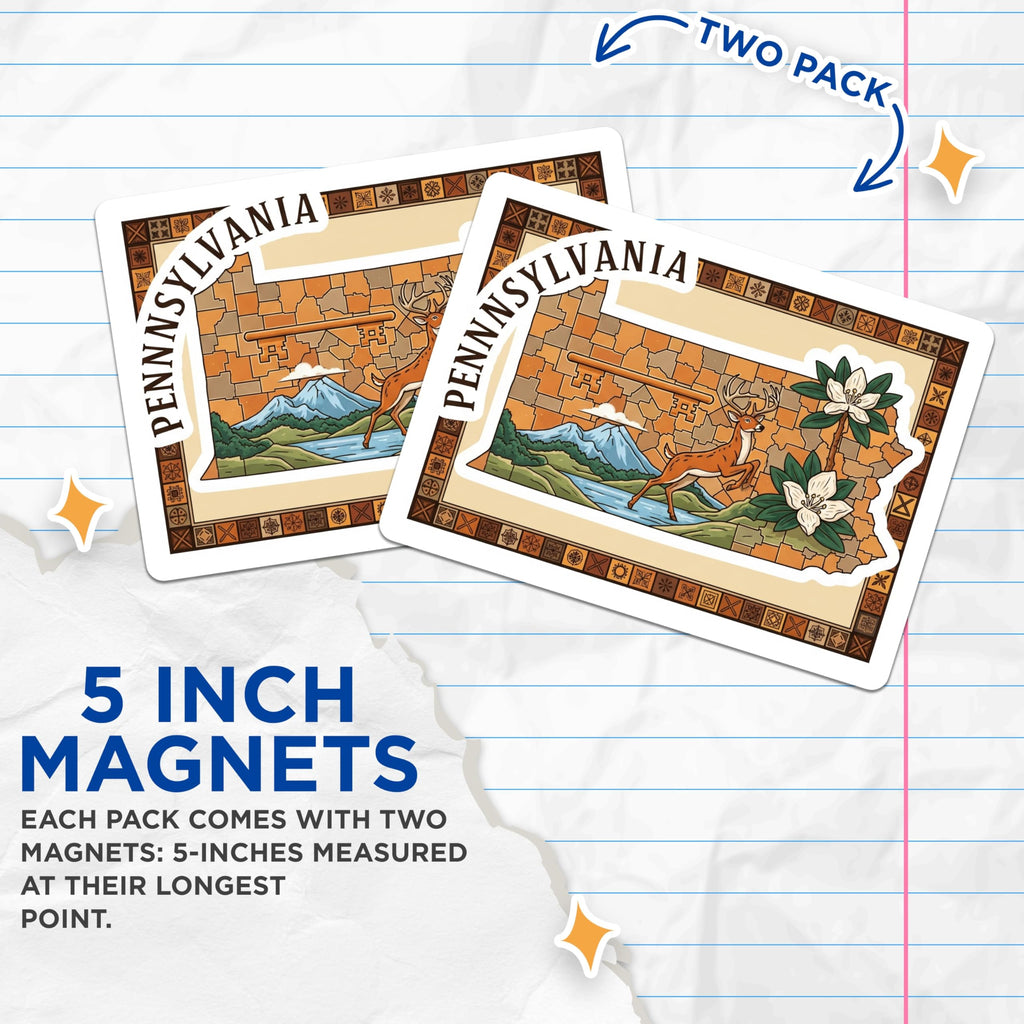 (2 Pack) Pennsylvania State Magnets - White-Tailed Deer Keystone - Mountain Laurel Souvenirs - 5 Inches On Longest Side - Thick Durable Magnet - Made in USA - MAG19213