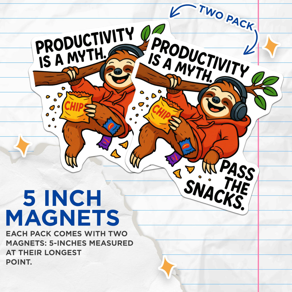 (2 Pack) Amusing Sloth Character Magnets - Productivity is A Myth Pass The Snacks Humor - Chill Animal Fridge Decor - 5 Inches On Longest Side - Thick Durable Magnet - Made in USA - MAG21794