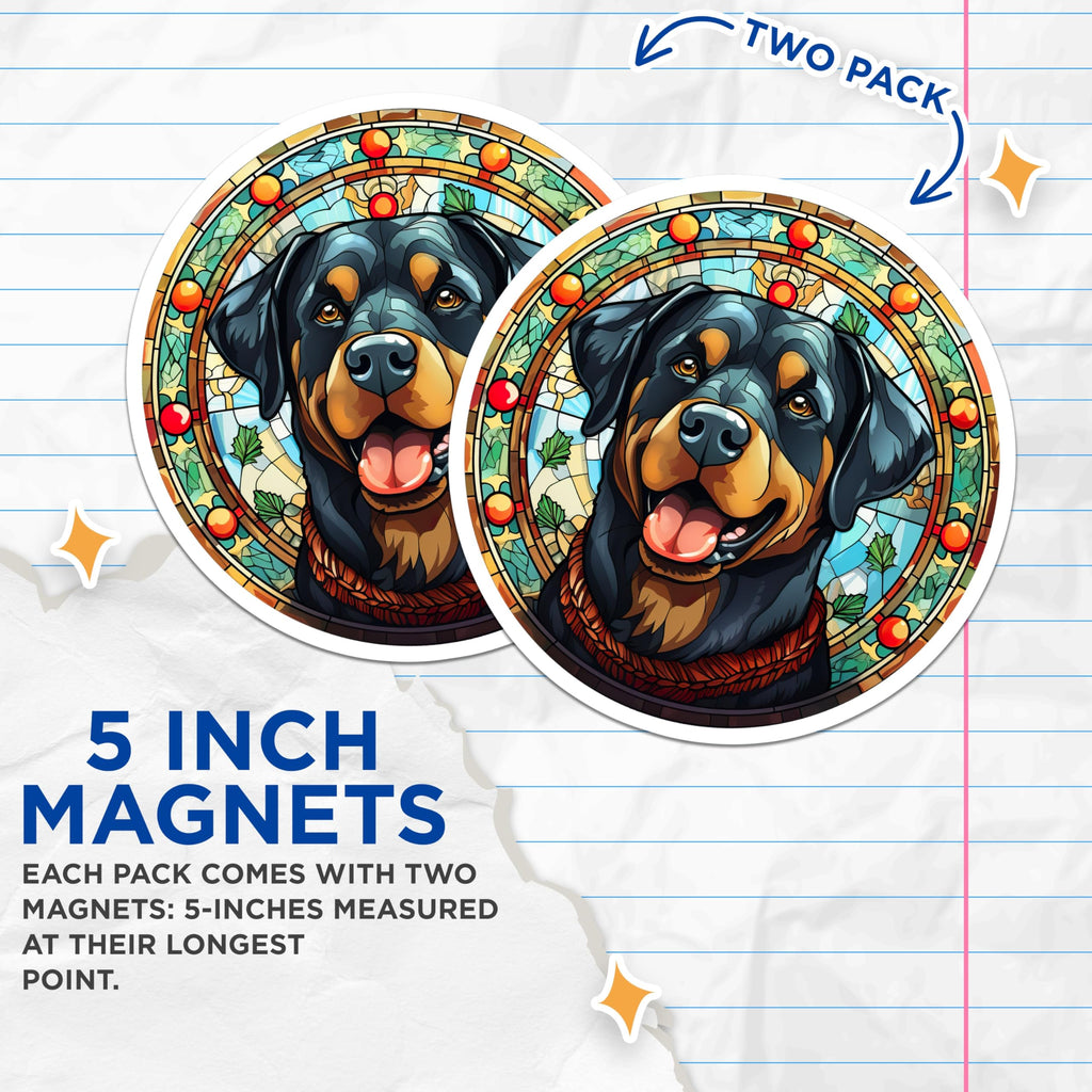 (2 Pack) Stained Glass Rottweiler Magnets - Dog Art Refrigerator Decor - Pet Owner Dog Lover - 5 Inches On Longest Side - Thick Durable Magnet - Made in USA - MAG28722