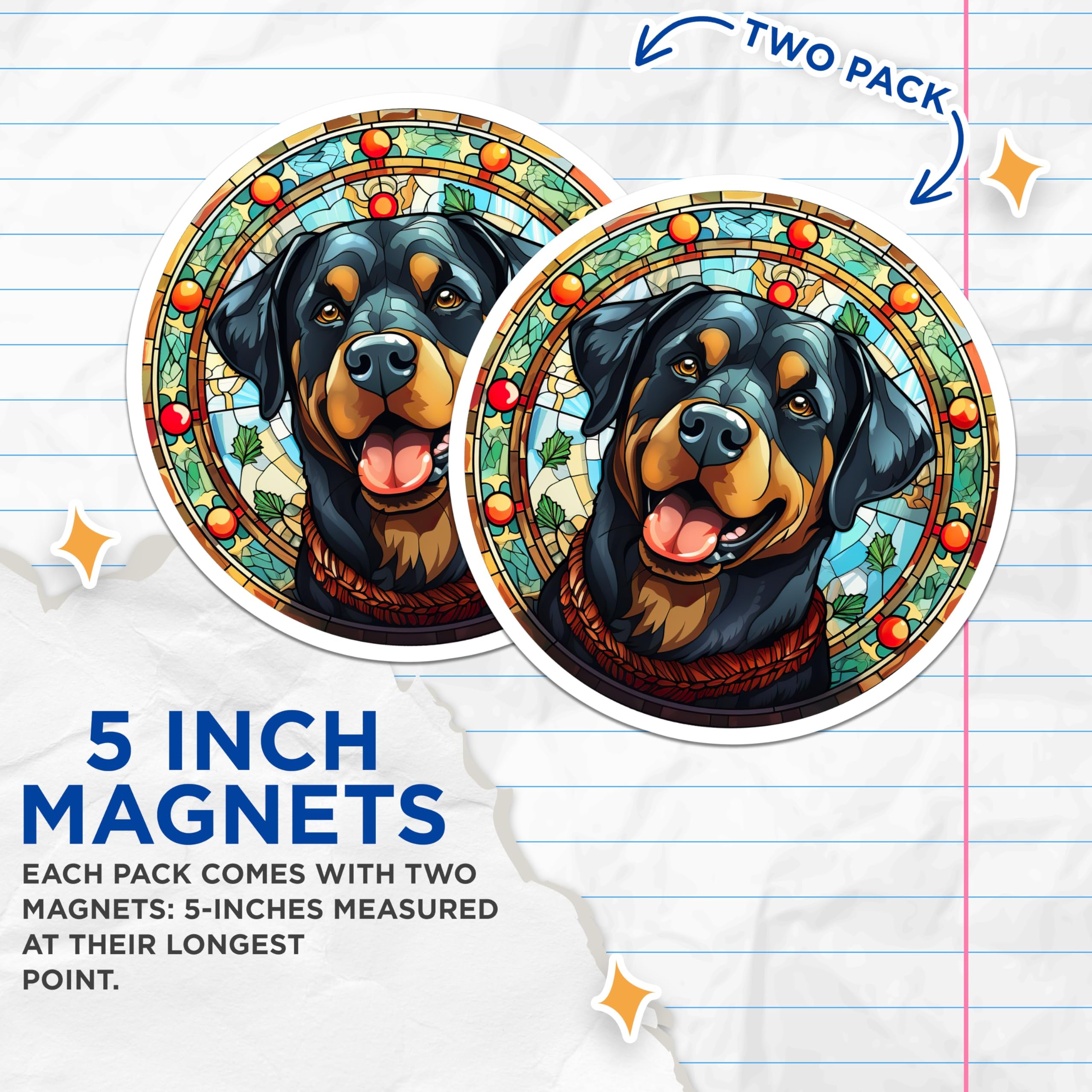 (2 Pack) Stained Glass Rottweiler Magnets - Dog Art Refrigerator Decor - Pet Owner Dog Lover - 5 Inches On Longest Side - Thick Durable Magnet - Made in USA - MAG28722