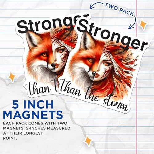 (2 Pack) Stronger Than The Storm Magnets Magnets - Inspiring Quote Magnet - Fox and Woman Art Decor - 5" On Longest Side - Made in USA - Sticks to Refrigerators & Metal Surfaces - MAG9247