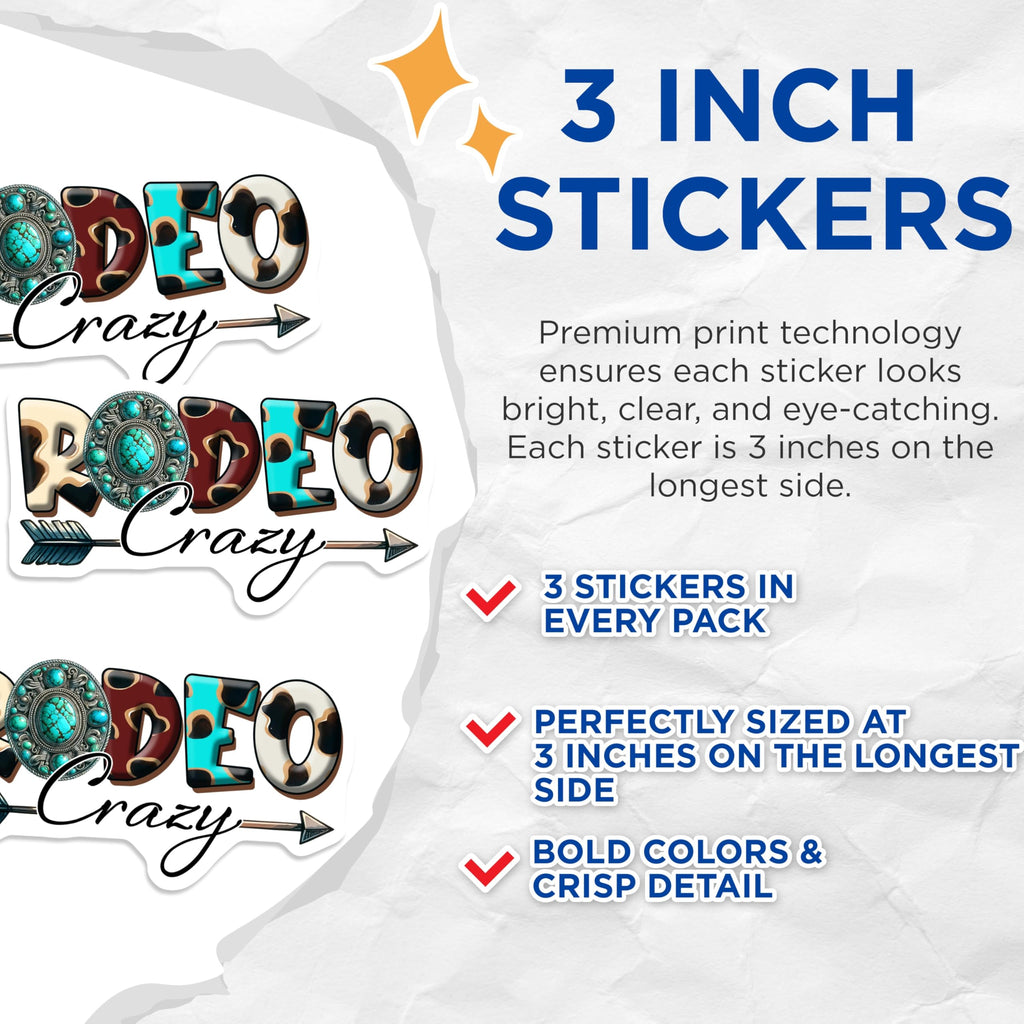 (3 Pack) Rodeo Crazy Decals - Western Stickers - Cowgirl Laptop Decal - 3 Inches On Longest Side - Easy Peel & Apply - Made in USA - 3MCS1932